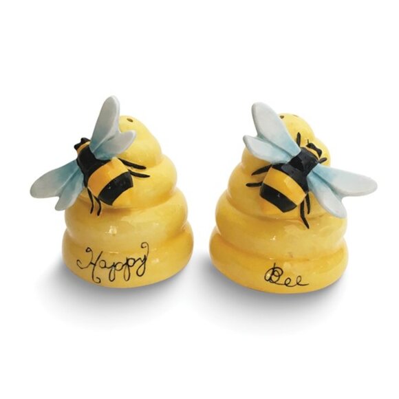 Happy Bee Ceramic Salt and Pepper shaker Set with Hello Bee Hive and honey bees - Picture 1 of 1